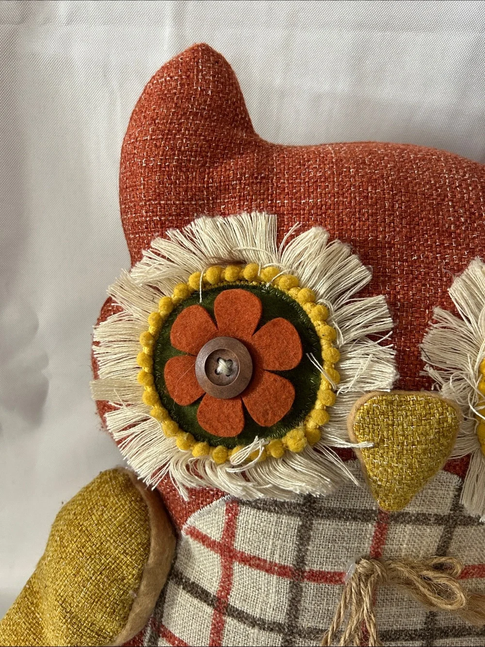 VTG Inspired Owl Stuffed Flower Button Eyes Orange Gold Boho Granny Core 14”